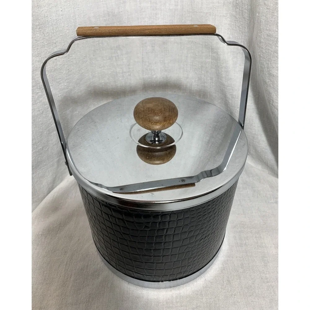 Atapco Ice Bucket Alligator Faux Black Leather Chrome Lid Wooden handle Vintage
